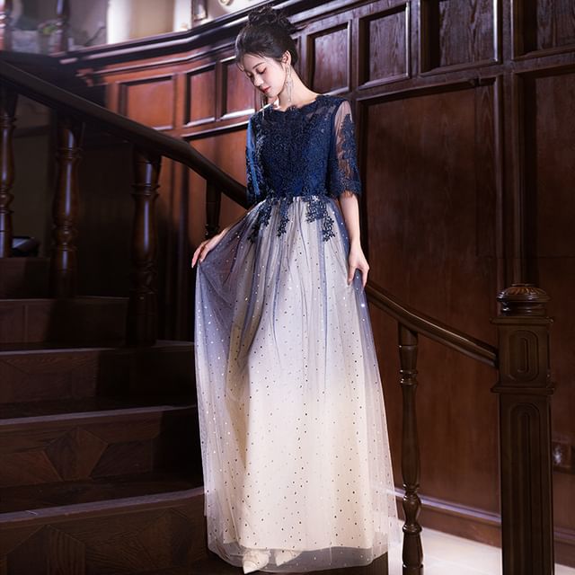 Evening (Various Gradient Dress Cocktail Designs) Short-Sleeve Panel Round Gown Lace / Neck