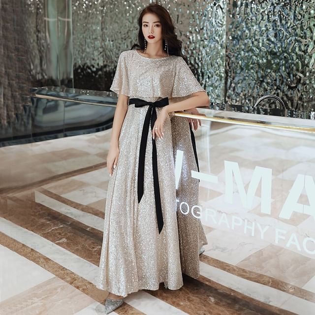 Elbow-Sleeve Evening Gown Round A-Line Glitter Neck