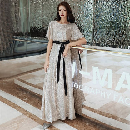 Elbow-Sleeve Evening Gown Round A-Line Glitter Neck