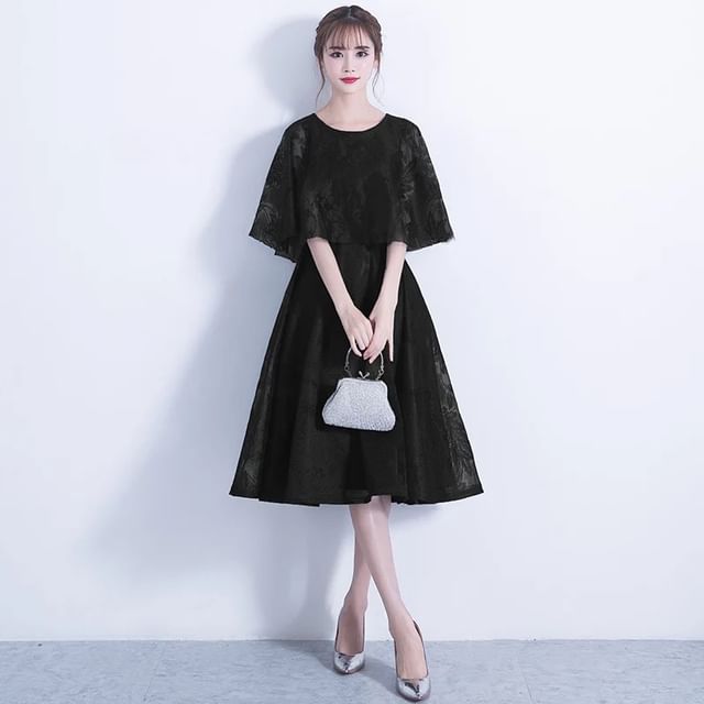 Cape Round Neck Lace Panel A-Line Cocktail Dress