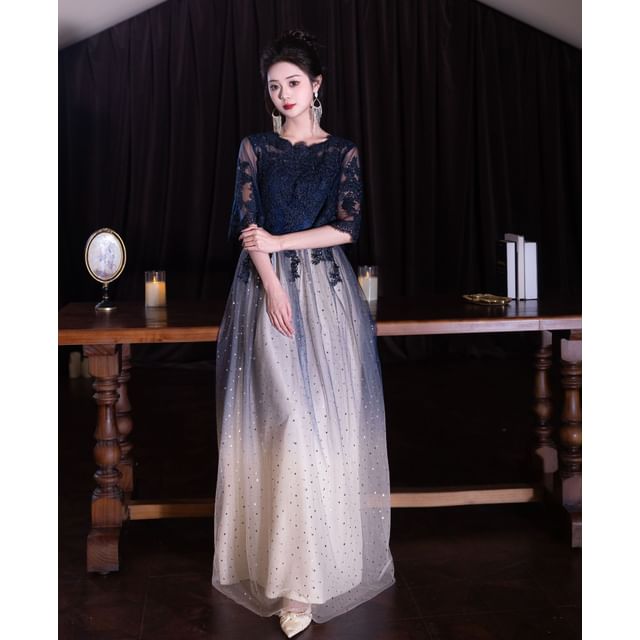 Evening (Various Gradient Dress Cocktail Designs) Short-Sleeve Panel Round Gown Lace / Neck