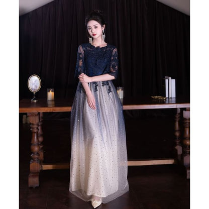 Evening (Various Gradient Dress Cocktail Designs) Short-Sleeve Panel Round Gown Lace / Neck