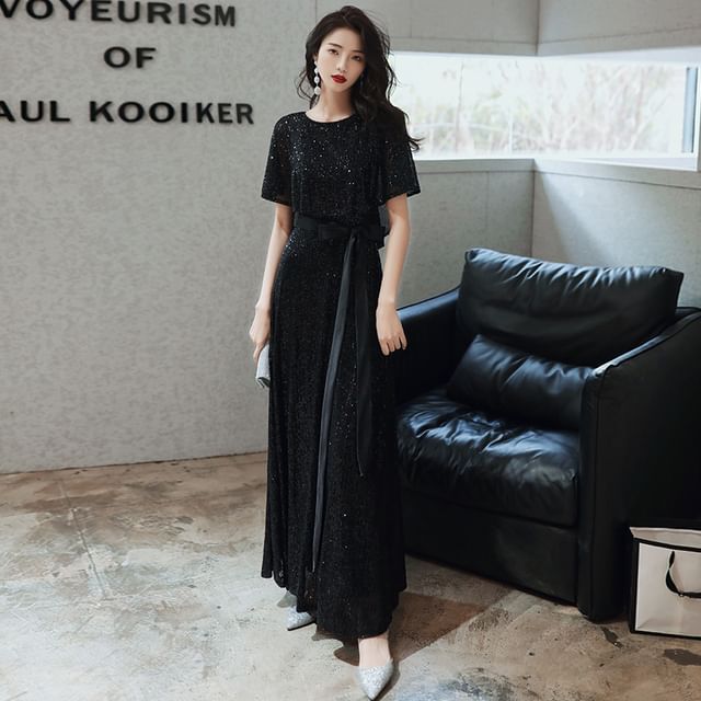 Elbow-Sleeve Evening Gown Round A-Line Glitter Neck