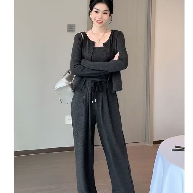 Crew Neck Cardigan Set with Slim Camisole and Drawstring Wide-Leg Pants