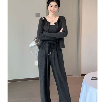 Crew Neck Cardigan Set with Slim Camisole and Drawstring Wide-Leg Pants