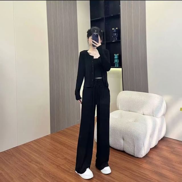 Crew Neck Cardigan Set with Slim Camisole and Drawstring Wide-Leg Pants