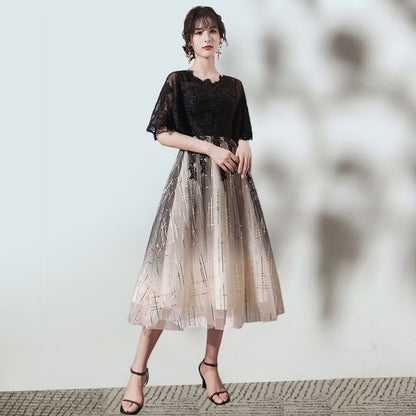 Short-Sleeve Glitter Gradient (Various Designs) Gown V-Neck Evening