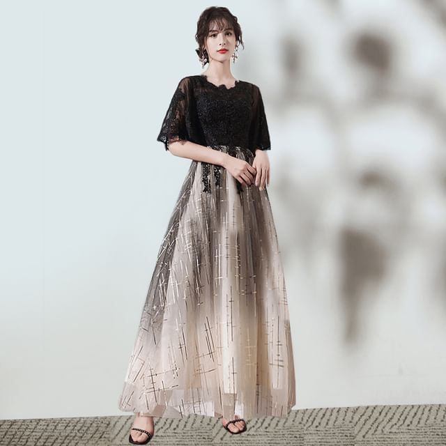 Short-Sleeve Glitter Gradient (Various Designs) Gown V-Neck Evening