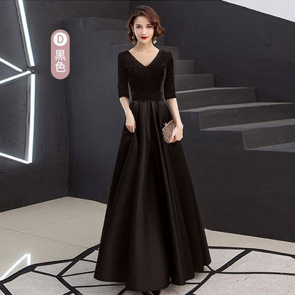 Velvet Evening V-Neck Short-Sleeve Gown A-Line Plain