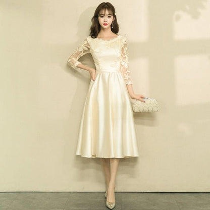 Gown Neck Panel Round Evening Lace Long-Sleeve