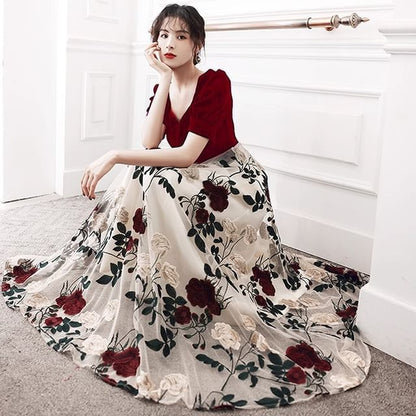Short-Sleeve Square Neck Floral Panel Evening Gown / Cocktail Dress (Various Designs)