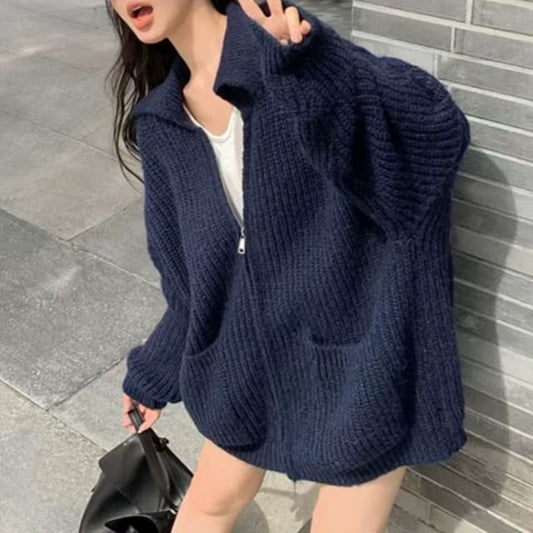 Ribbed Knit V-Neck Zip Cardigan