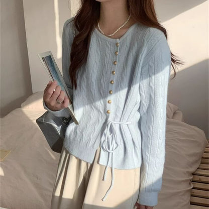 Round Neck Tie Waist Plain Cardigan