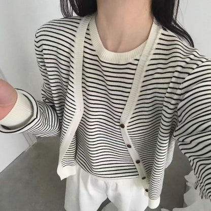 Striped Sleeveless Scoop Neck Knit Top and Button-Up Cardigan Set