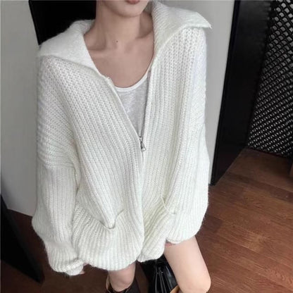 Ribbed Knit V-Neck Zip Cardigan