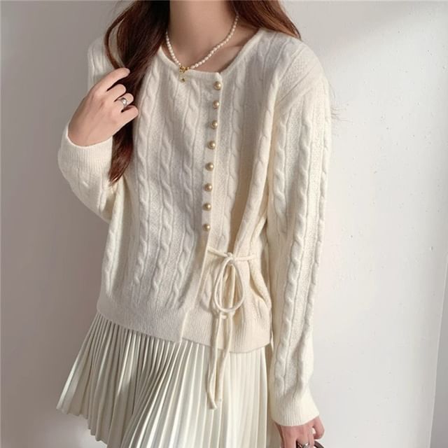 Round Neck Tie Waist Plain Cardigan