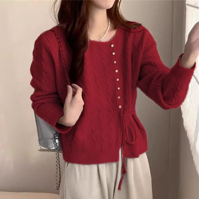 Round Neck Tie Waist Plain Cardigan