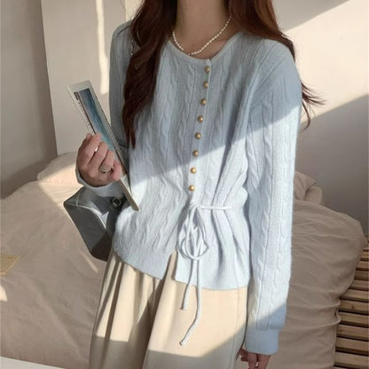 Round Neck Tie Waist Plain Cardigan
