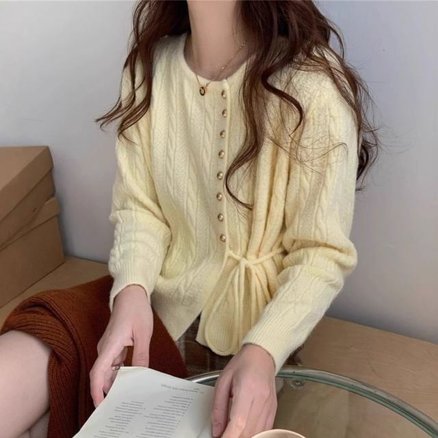 Round Neck Tie Waist Plain Cardigan
