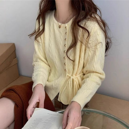 Round Neck Tie Waist Plain Cardigan
