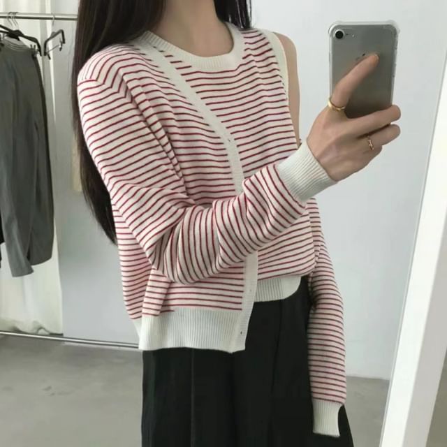 Striped Sleeveless Scoop Neck Knit Top and Button-Up Cardigan Set