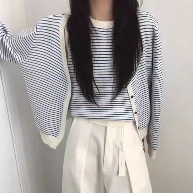 Striped Sleeveless Scoop Neck Knit Top and Button-Up Cardigan Set