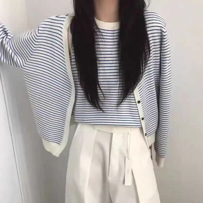 Striped Sleeveless Scoop Neck Knit Top and Button-Up Cardigan Set