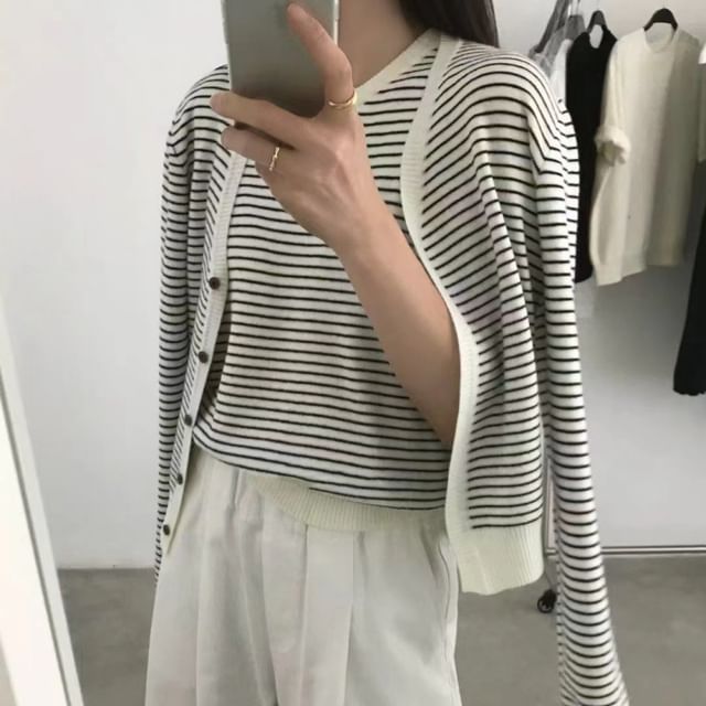 Striped Sleeveless Scoop Neck Knit Top and Button-Up Cardigan Set