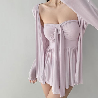 Ruched Padded Tube Top and Open Front Cardigan Set