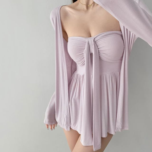 Ruched Padded Tube Top and Open Front Cardigan Set