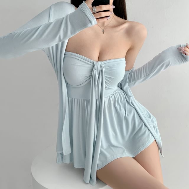 Ruched Padded Tube Top and Open Front Cardigan Set