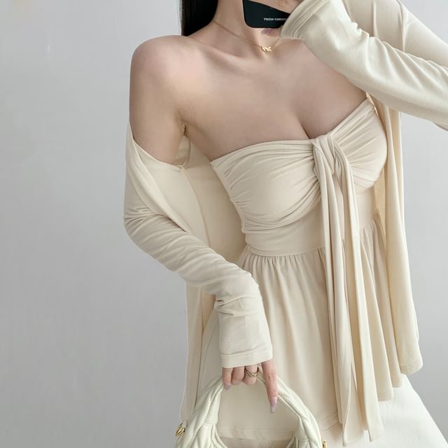 Ruched Padded Tube Top and Open Front Cardigan Set