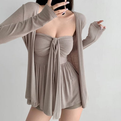 Ruched Padded Tube Top and Open Front Cardigan Set