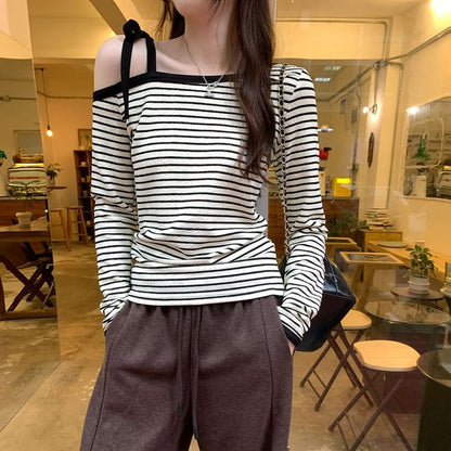 Off-Shoulder Long-Sleeve Striped Blouse