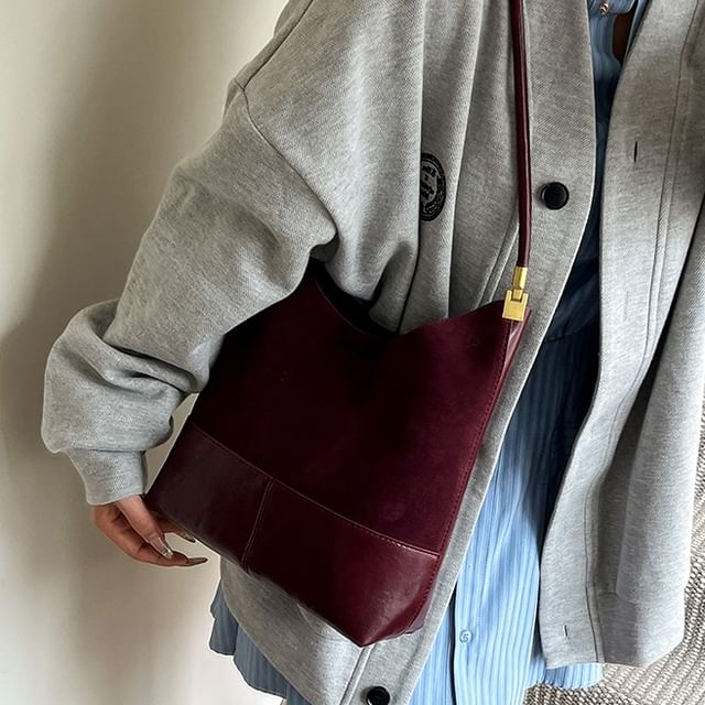 Panel Faux Suede Shoulder Bag With Pouch