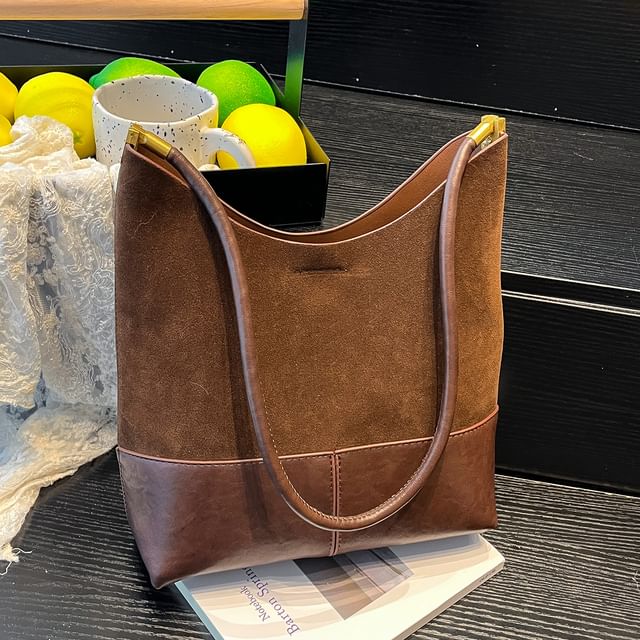 Panel Faux Suede Shoulder Bag With Pouch