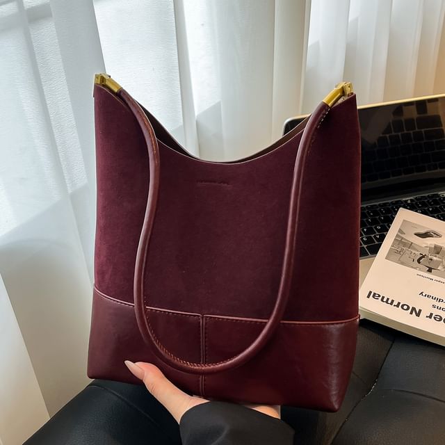 Panel Faux Suede Shoulder Bag With Pouch