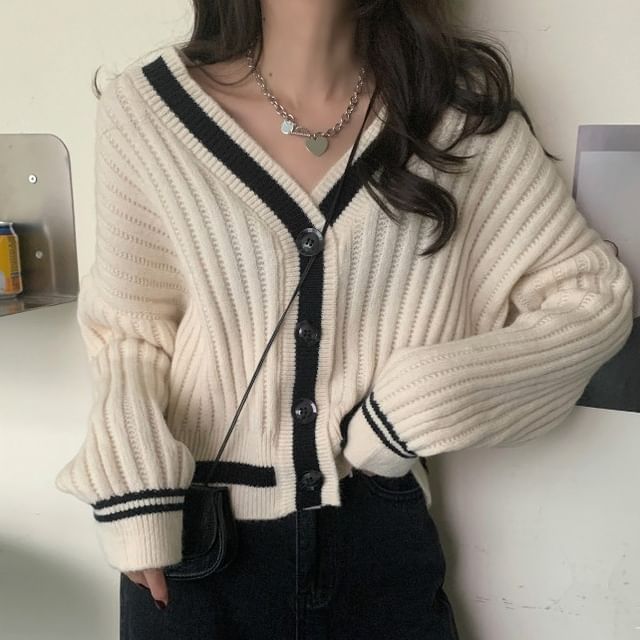 Two-Tone V-Neck Cardigan