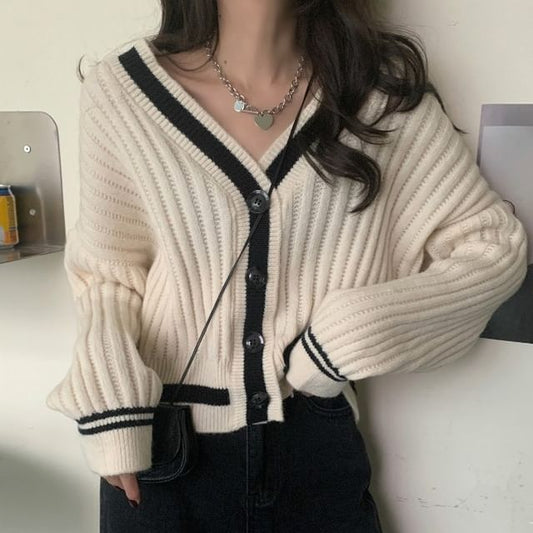 Two-Tone V-Neck Cardigan