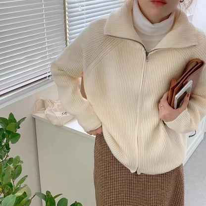 Zip-Up Plain Cardigan