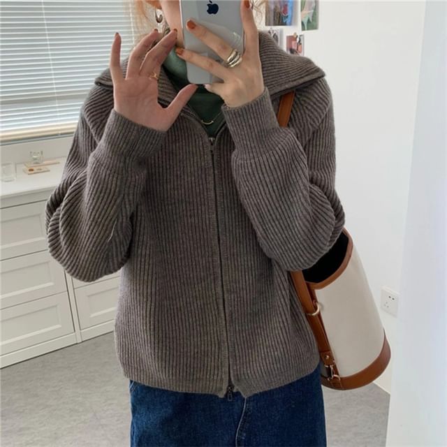 Zip-Up Plain Cardigan