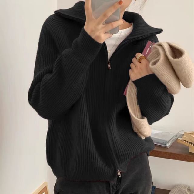 Zip-Up Plain Cardigan