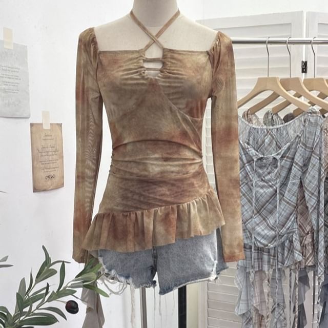 Tie-Dye Asymmetrical Square-Neck Long-Sleeve Top