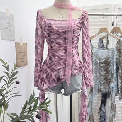 Plaid Asymmetrical Square-Neck Long-Sleeve Blouse
