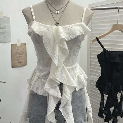 Asymmetrical Ruffle-Trim Solid Cropped Cami Blouse
