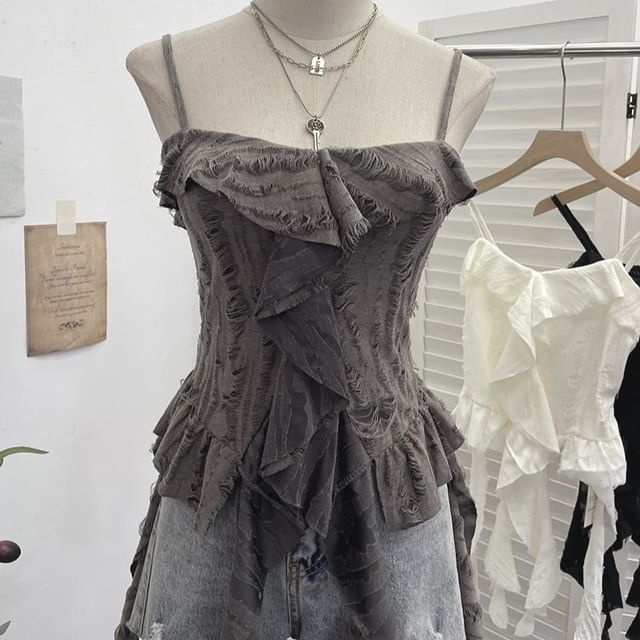 Asymmetrical Ruffle-Trim Solid Cropped Cami Blouse