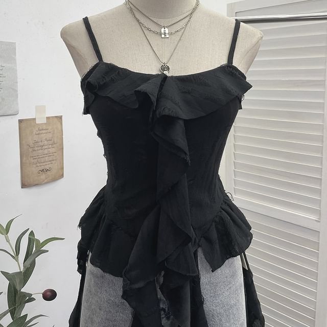 Asymmetrical Ruffle-Trim Solid Cropped Cami Blouse
