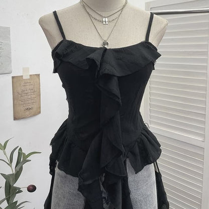 Asymmetrical Ruffle-Trim Solid Cropped Cami Blouse