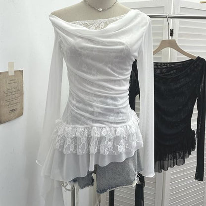 Boatneck Ruffle Top with Mock Two-Piece Sleeves
