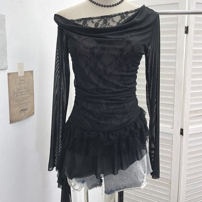 Boatneck Ruffle Top with Mock Two-Piece Sleeves